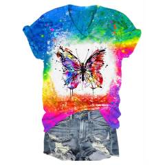 Fluttering Butterfly Tie Dye V-Neck Tee for Women